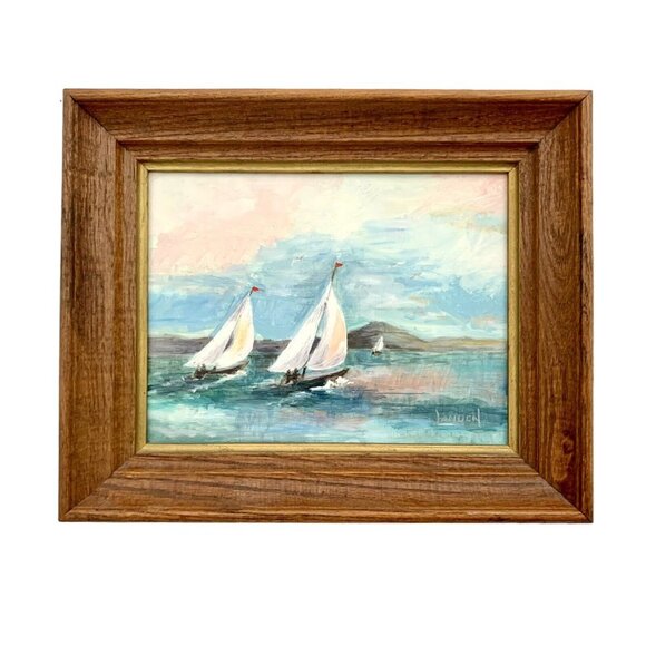 Painting Sail Boat Original Nautical Art in Wooden Frame Vintage Office Decor